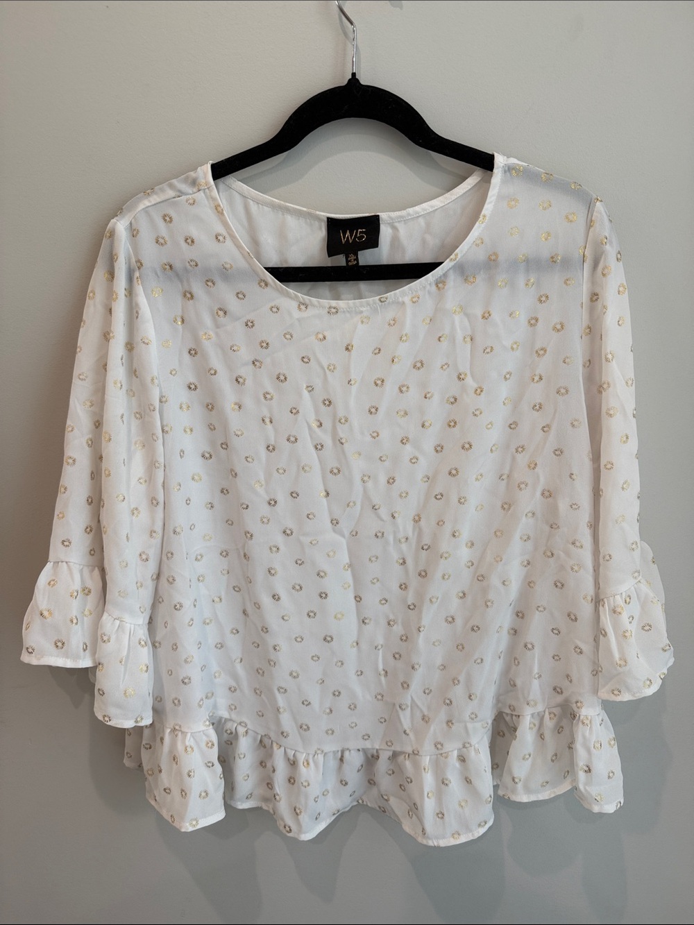 W5 White Blouse with Gold Dot Ruffle Trim